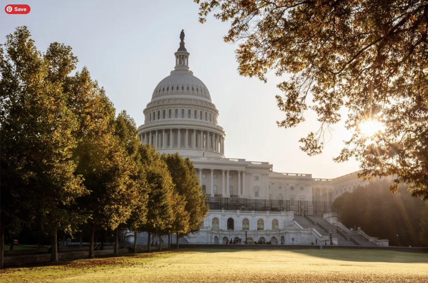 U.S. Capitol at golden hour framed by autumn trees